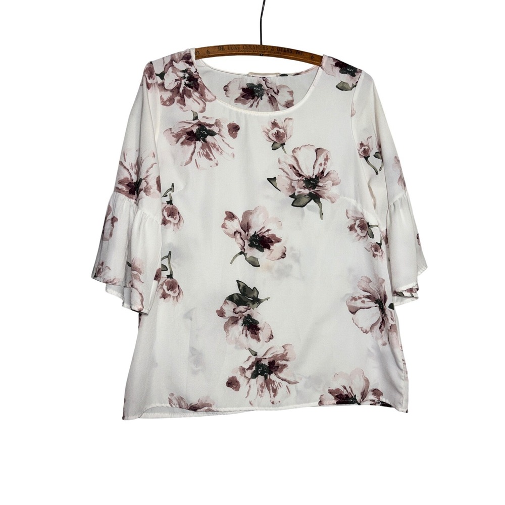 Les Amis Womens M Floral Bell Sleeve Blouse Mauve Pink Flower Top Cottagcore